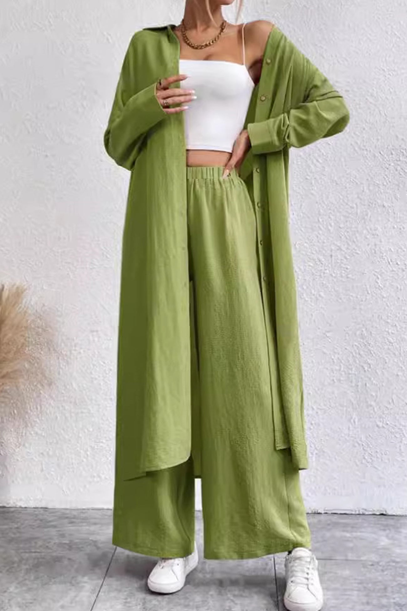 Solid Long Shirt Wide Leg Pants Set
