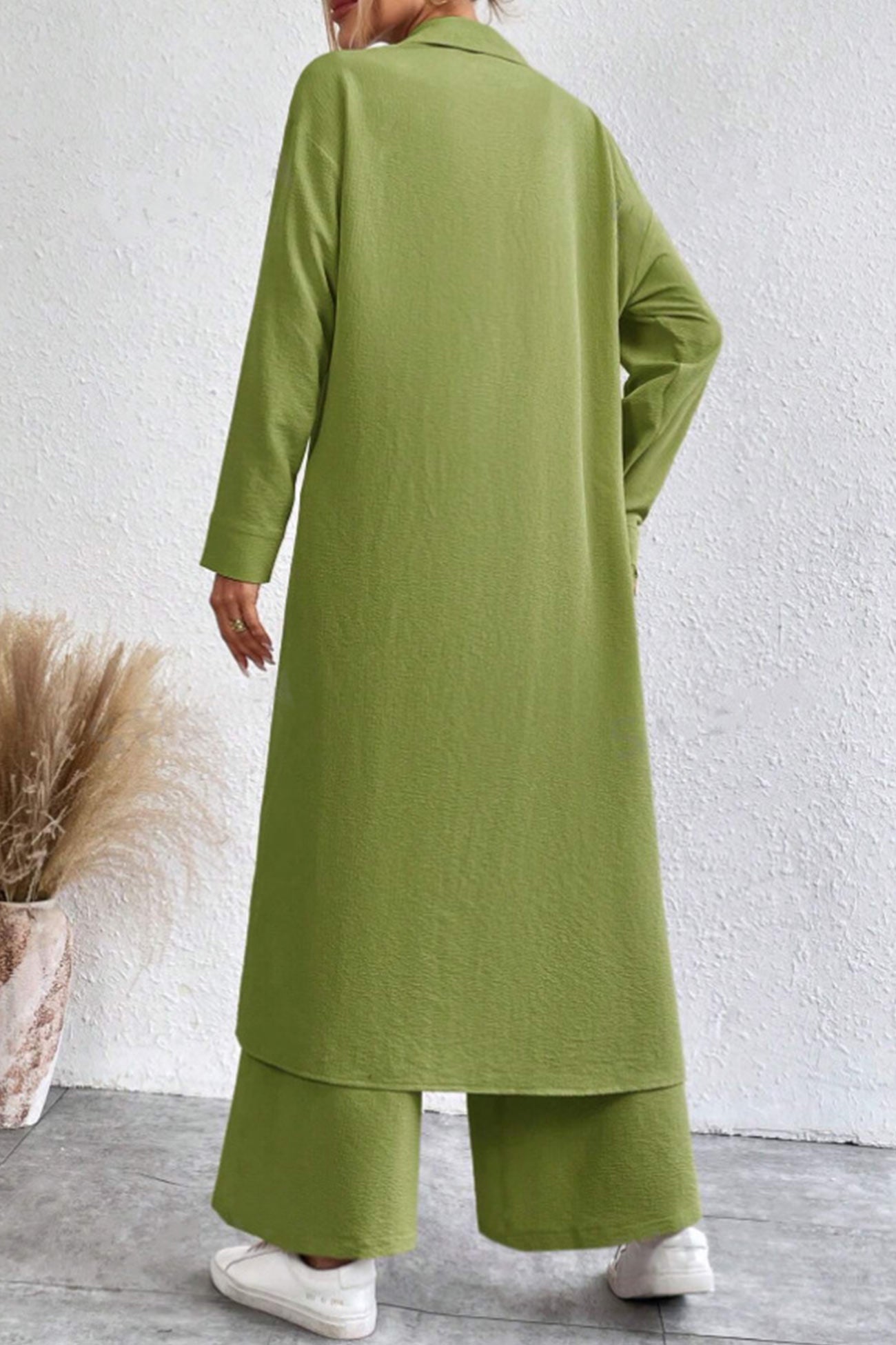 Solid Long Shirt Wide Leg Pants Set