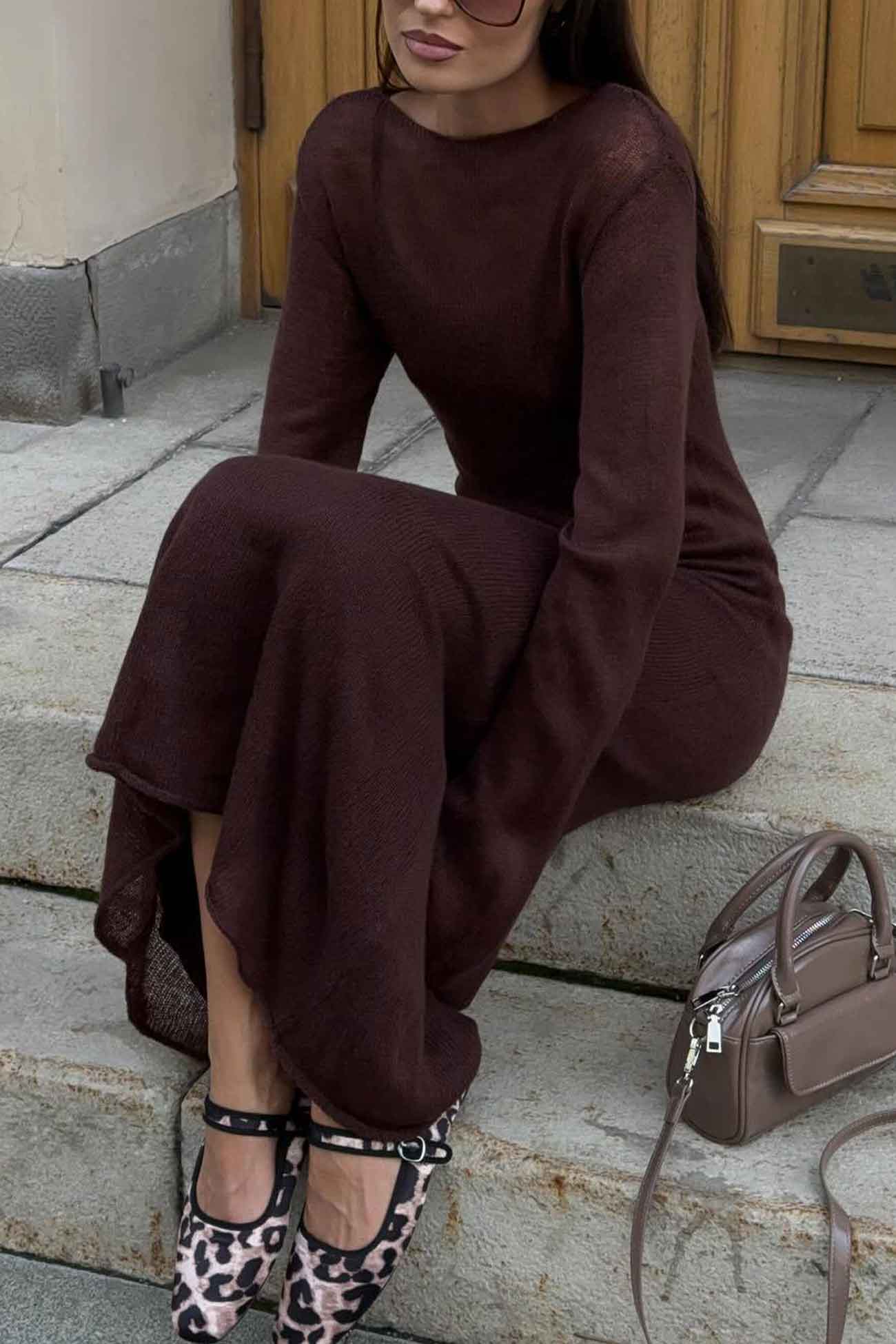 Solid Color Knitted Semi-Sheer Maxi Dress Set