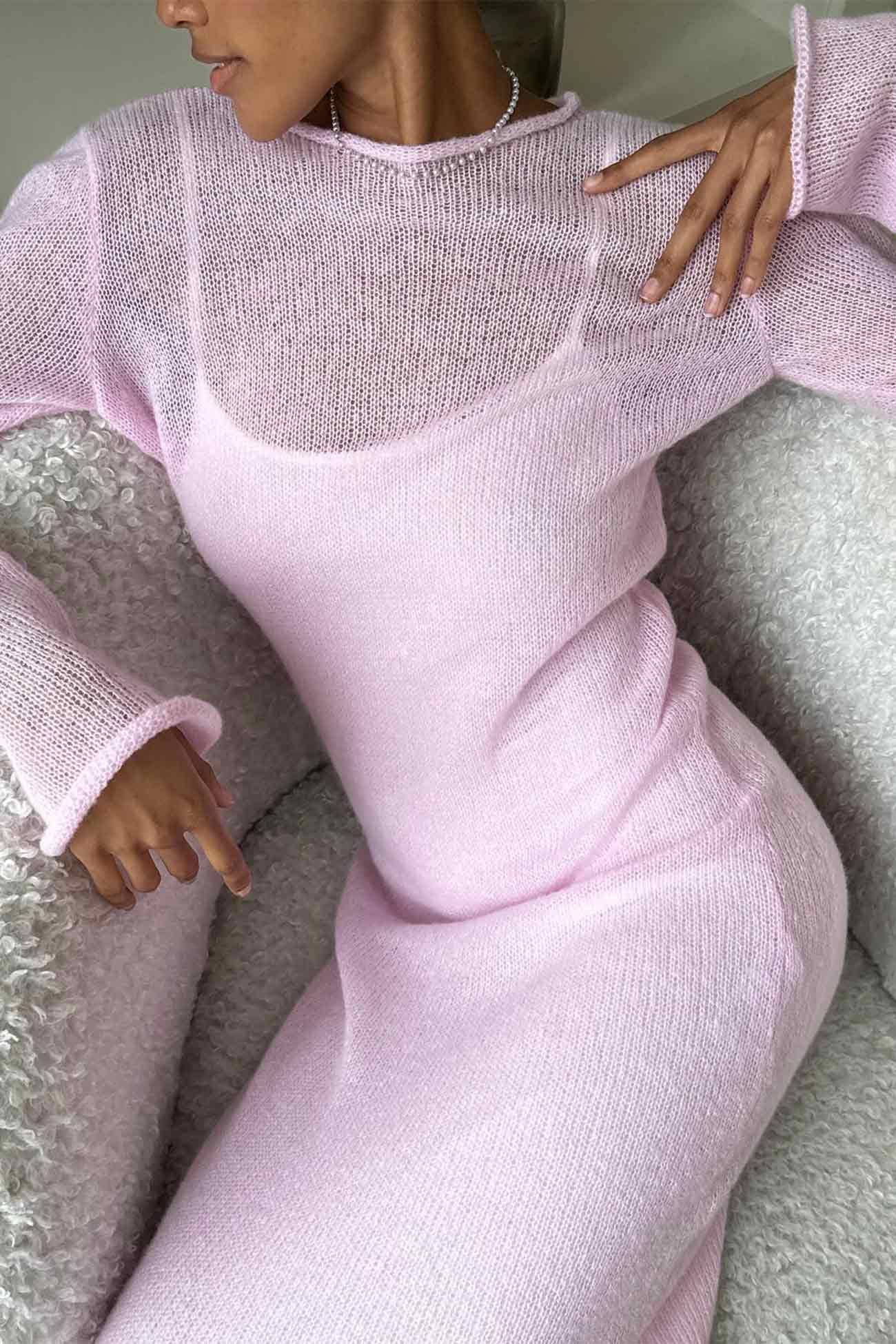 Solid Color Knitted Semi-Sheer Maxi Dress Set