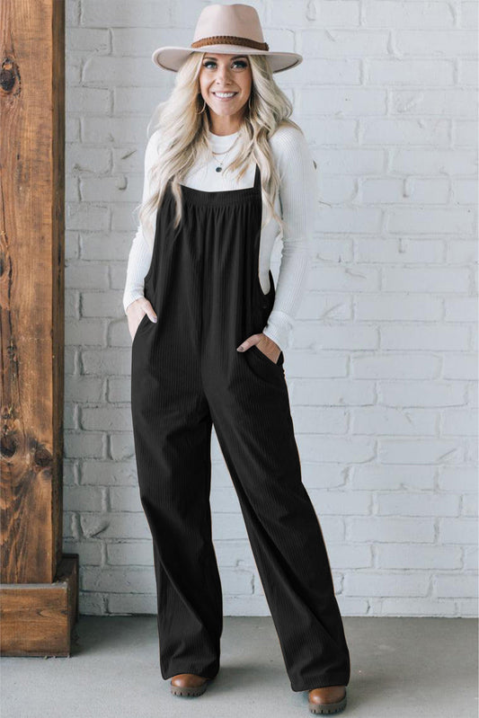 Solid Color Pocketed Corduroy Overall Set