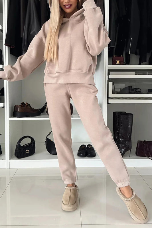 Solid Color Slit Cropped Hoodie Set