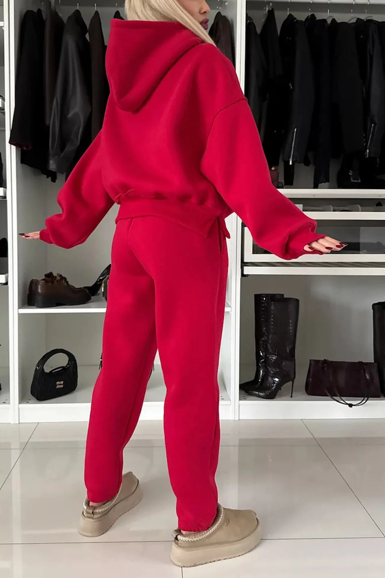 Solid Color Slit Cropped Hoodie Set