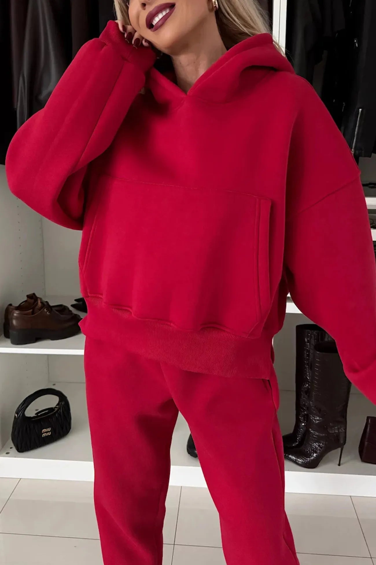 Solid Color Slit Cropped Hoodie Set
