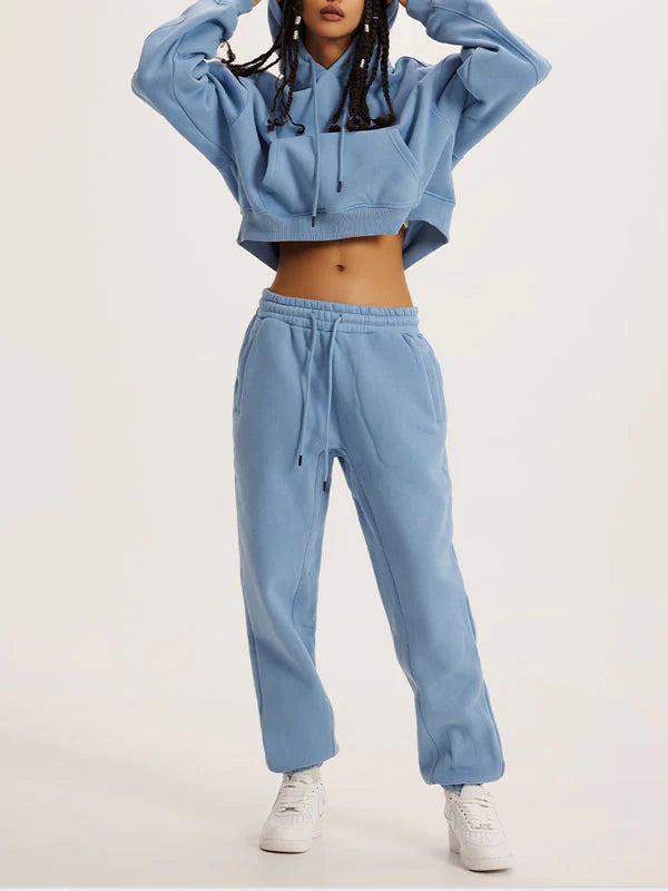 Thick Plush Hoodies Solid Short Top & Long Pants Set