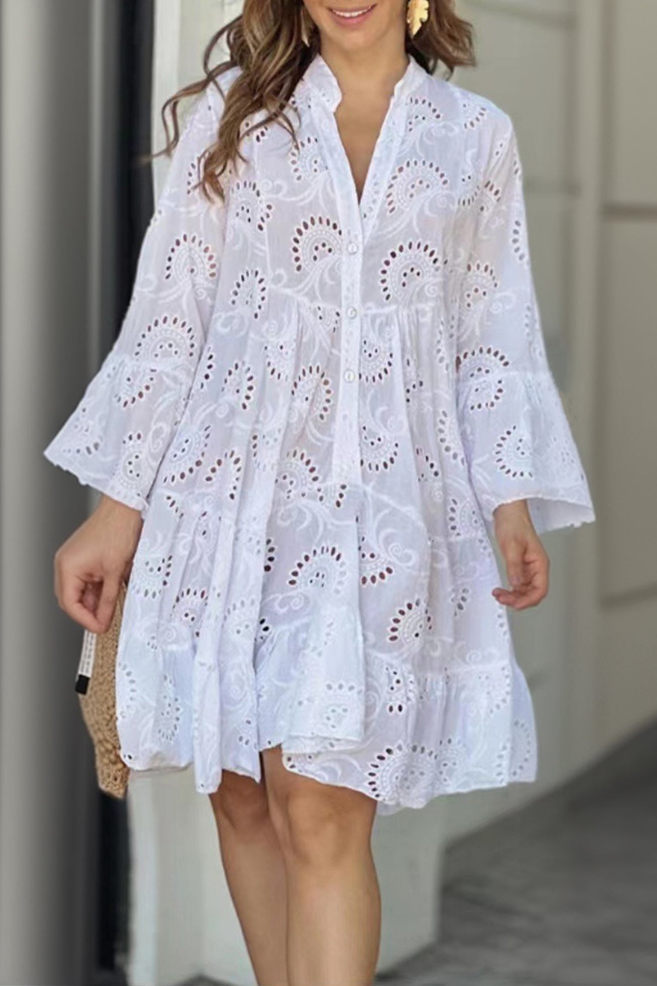 V Neck Lace Embroidery Hollow Out Cotton Dress