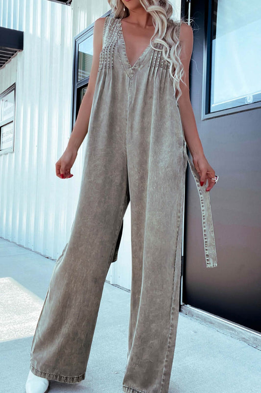 V Neck Smocked Backless Denim