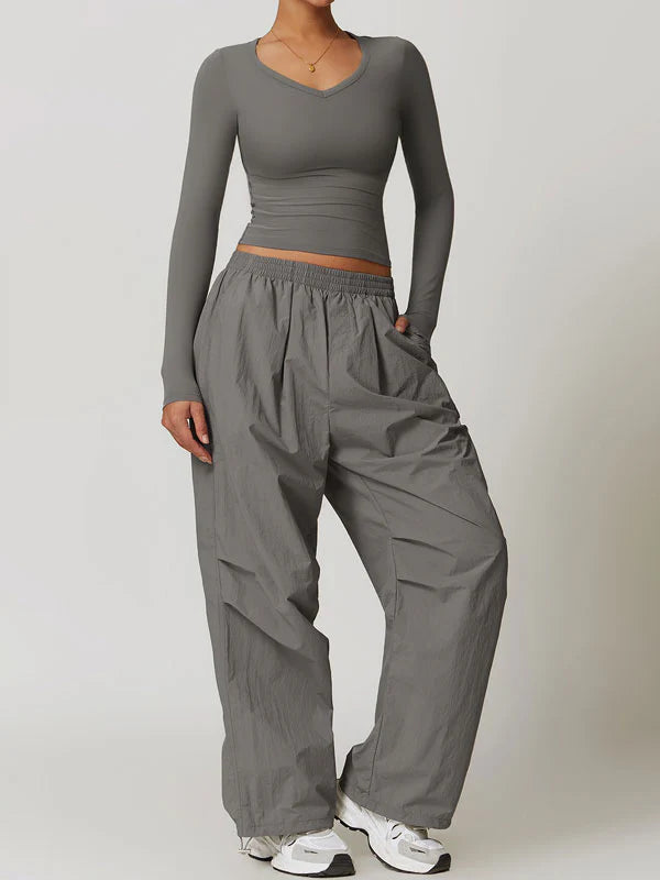 V Neck Long Sleeve Fitted Crop Top