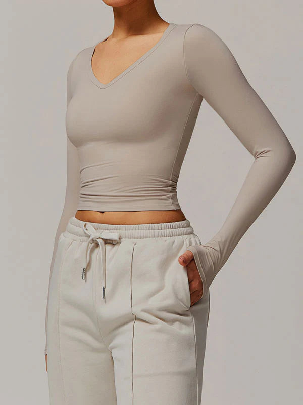 V Neck Long Sleeve Fitted Crop Top