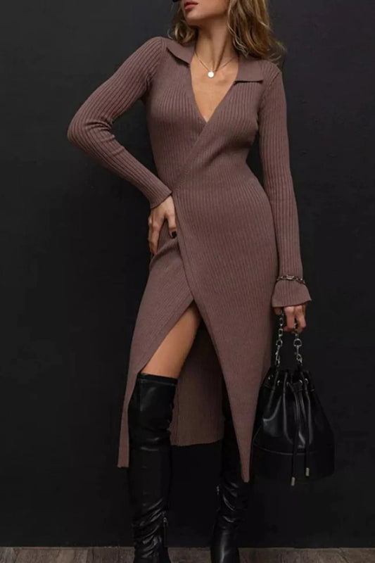V Neck Tie-up Slit Knit Dress