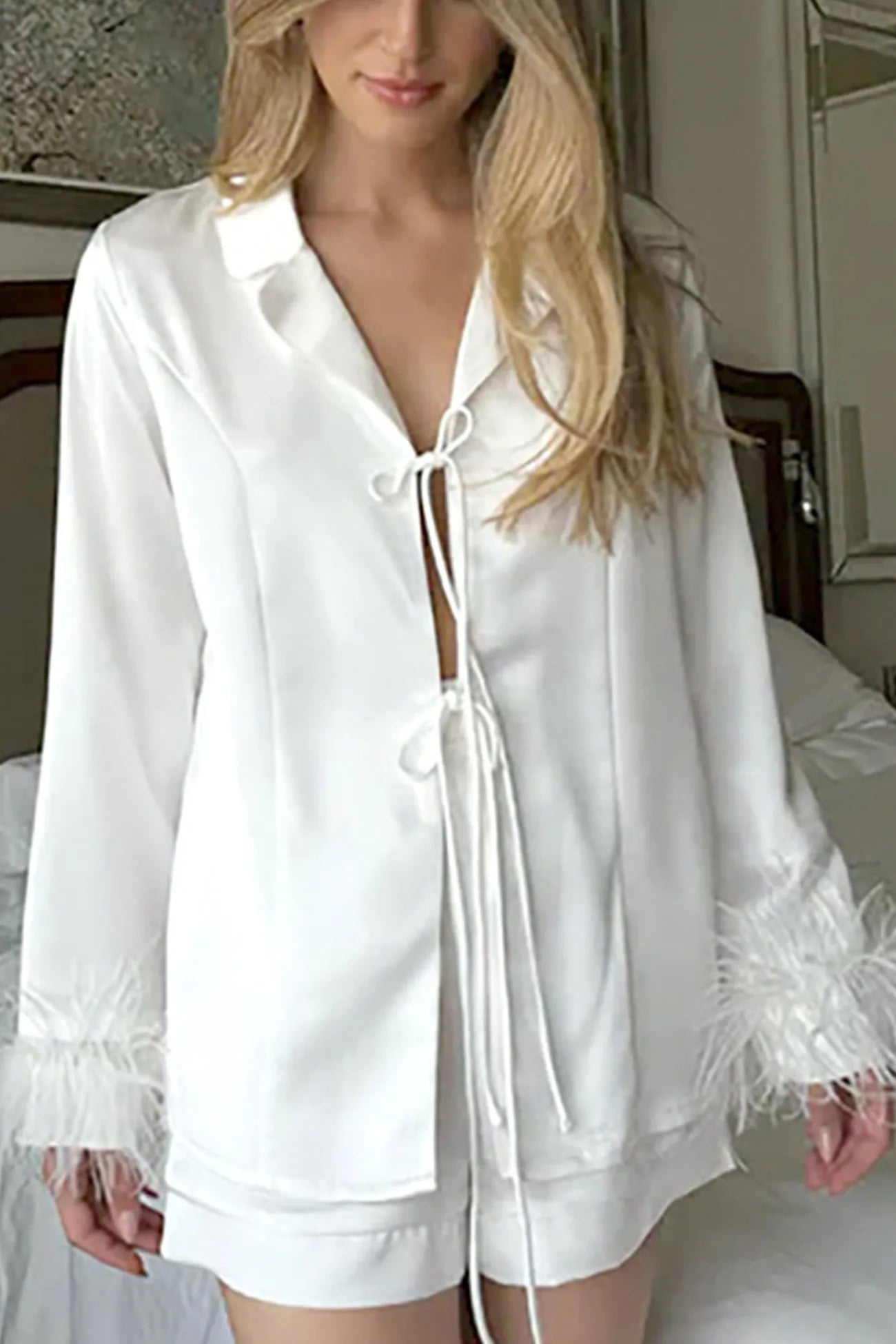 White Fuzzy Tie-up Shirt Shorts Set