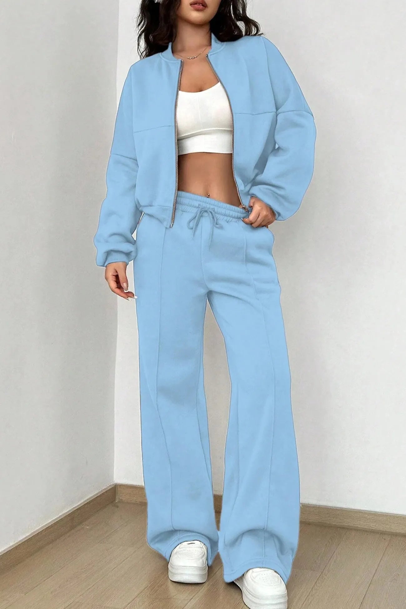 Zip-up Collarless‌ Cardigan Sweatpants Set