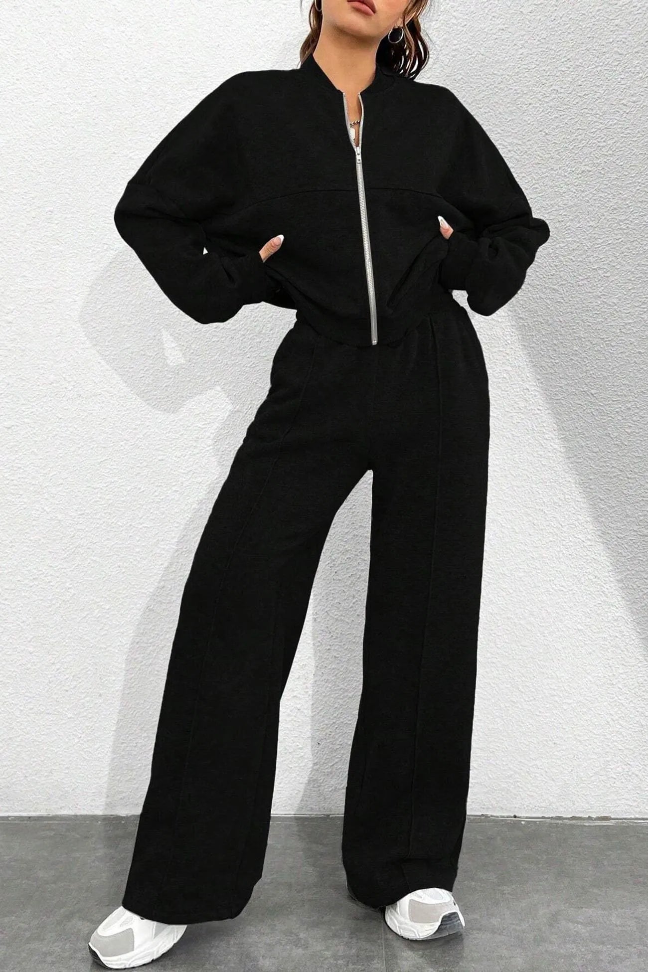 Zip-up Collarless‌ Cardigan Sweatpants Set