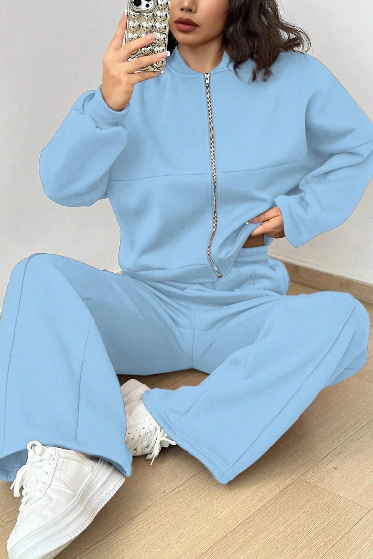 Zip-up Collarless‌ Cardigan Sweatpants Set