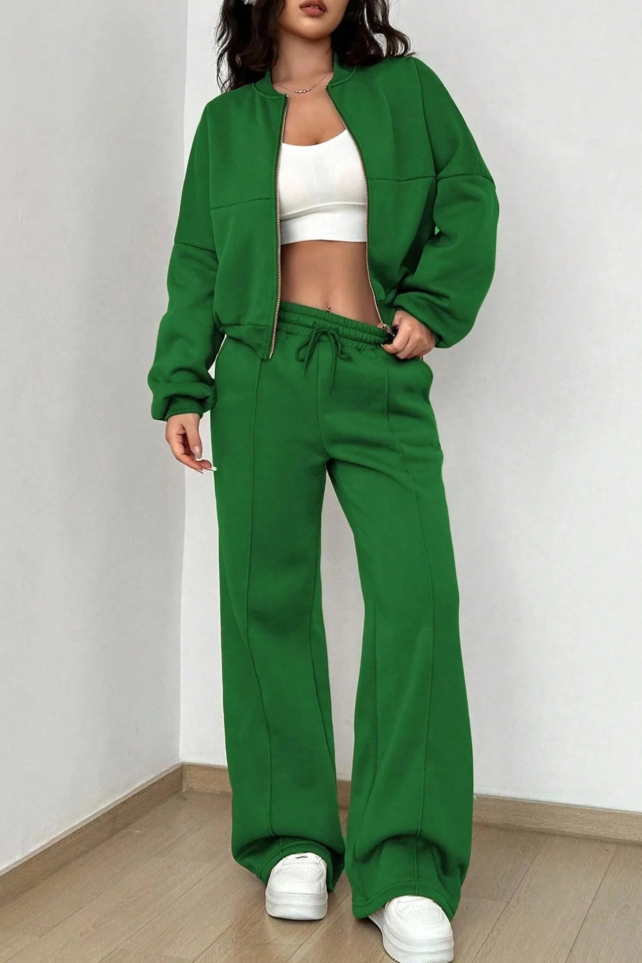 Zip-up Collarless‌ Cardigan Sweatpants Set