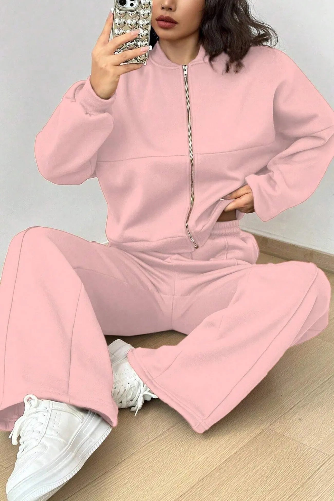 Zip-up Collarless‌ Cardigan Sweatpants Set