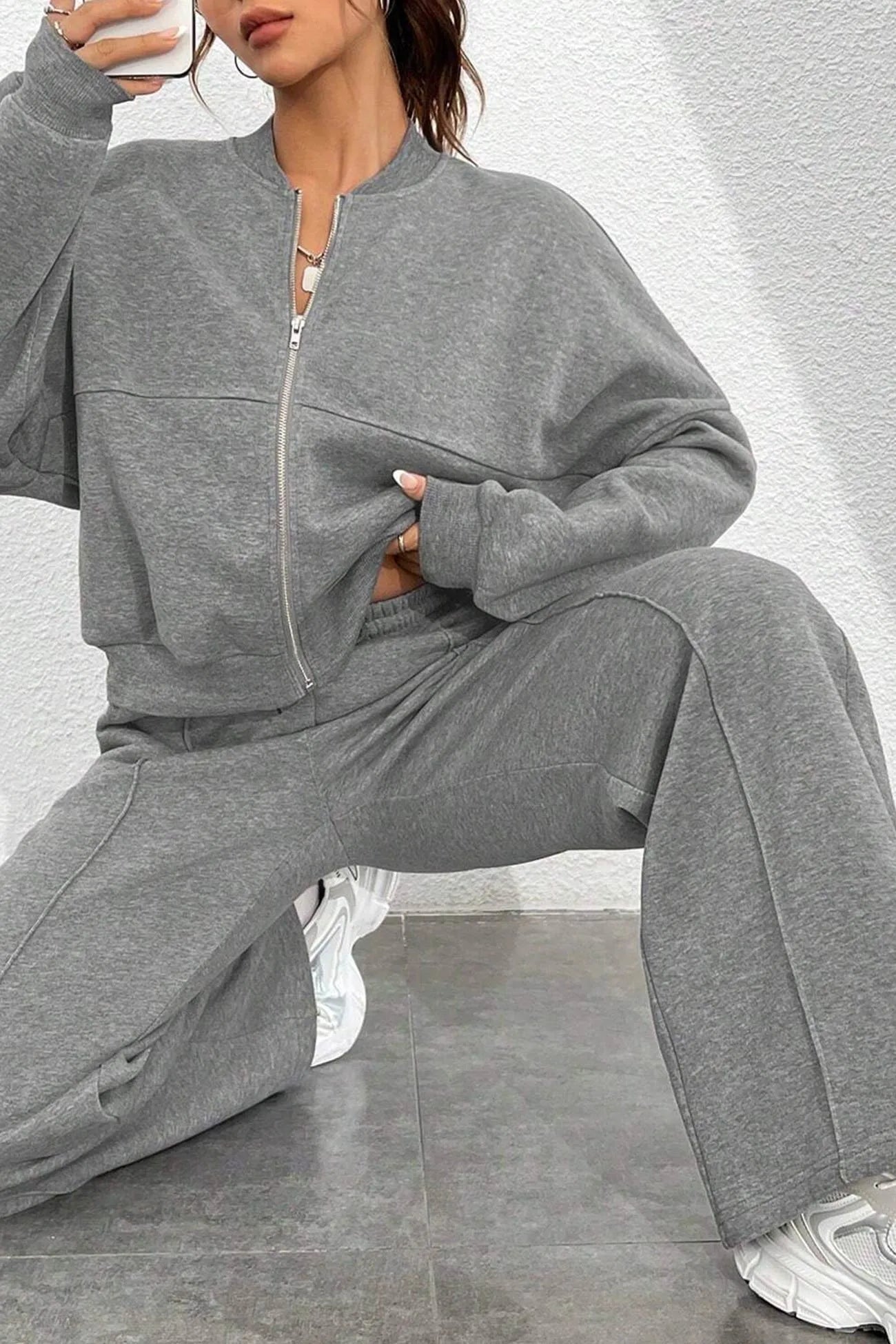 Zip-up Collarless‌ Cardigan Sweatpants Set