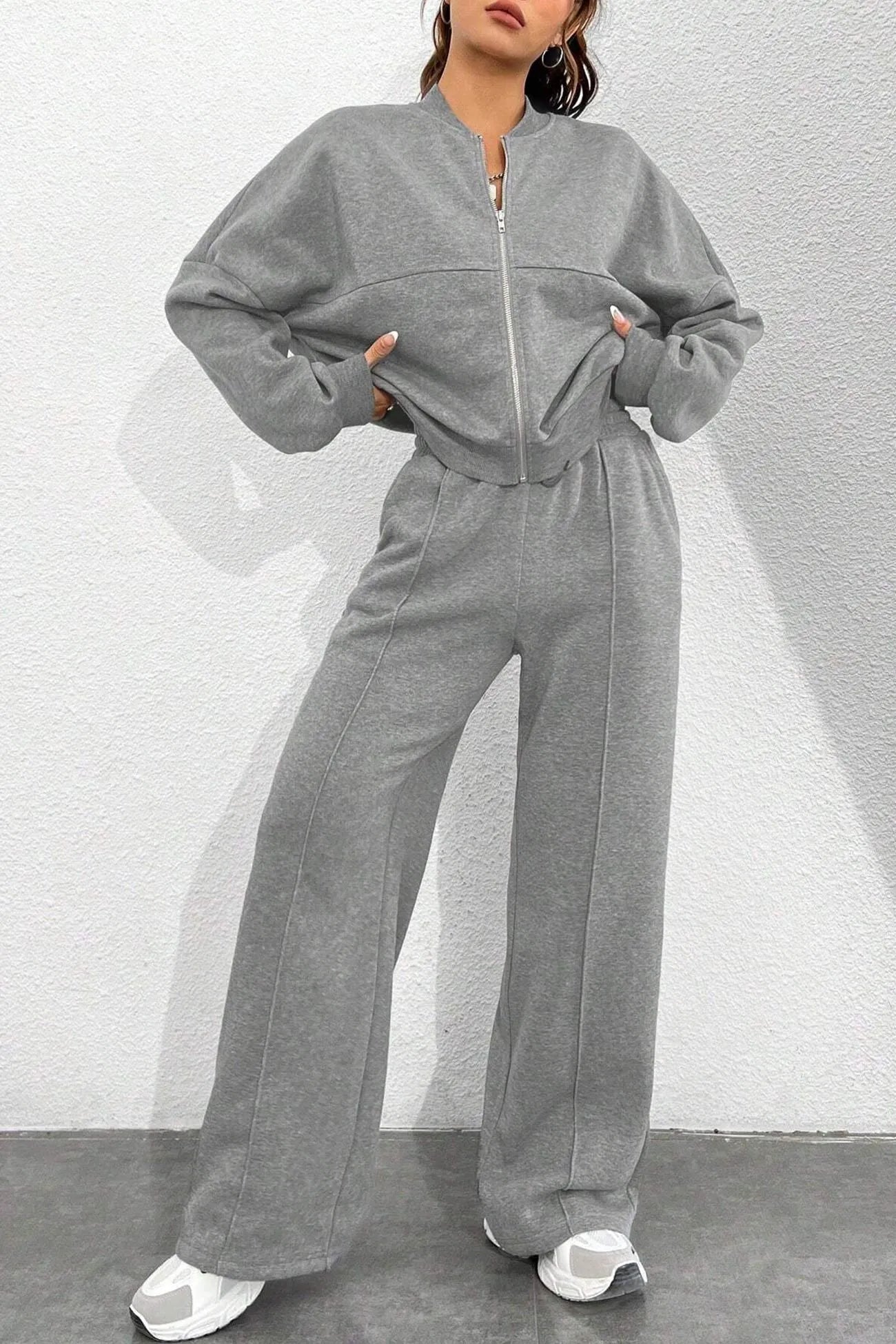 Zip-up Collarless‌ Cardigan Sweatpants Set