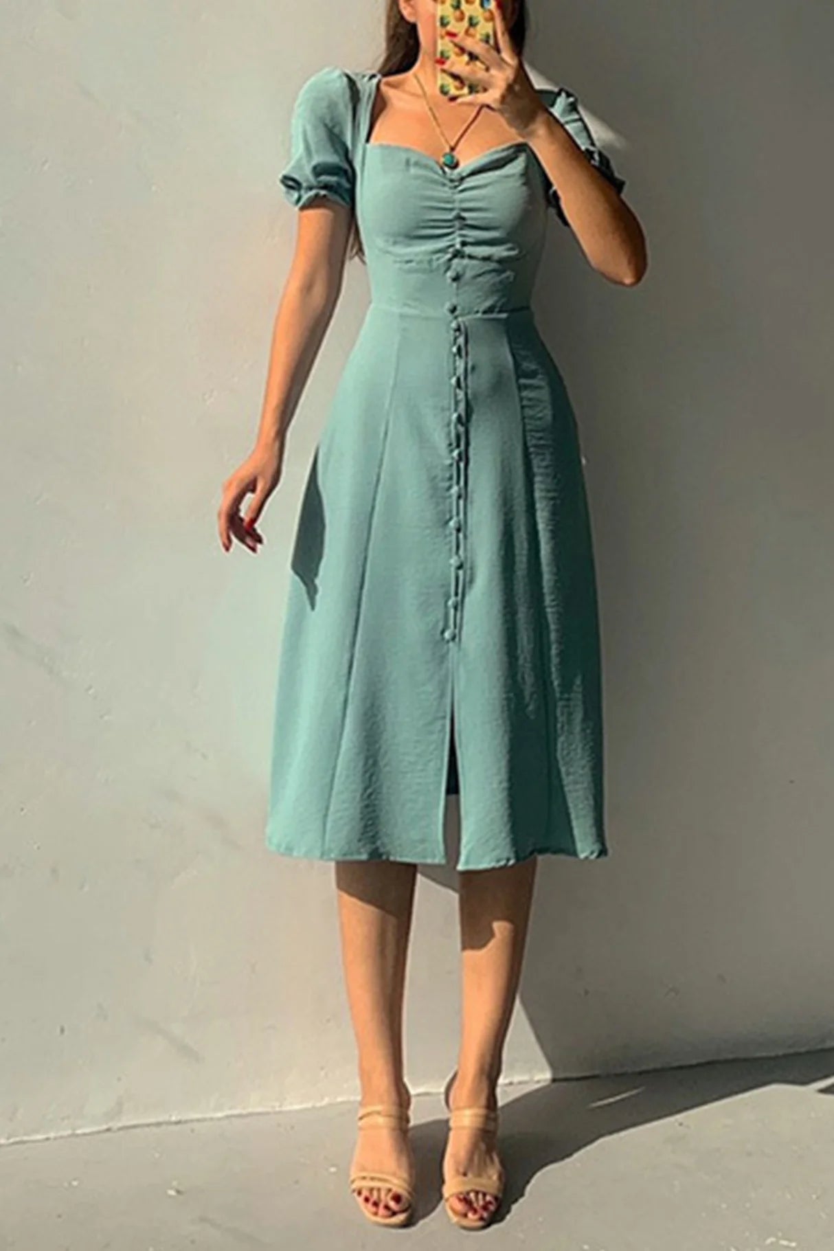 Puff Sleeve Single-breasted Midi Dress