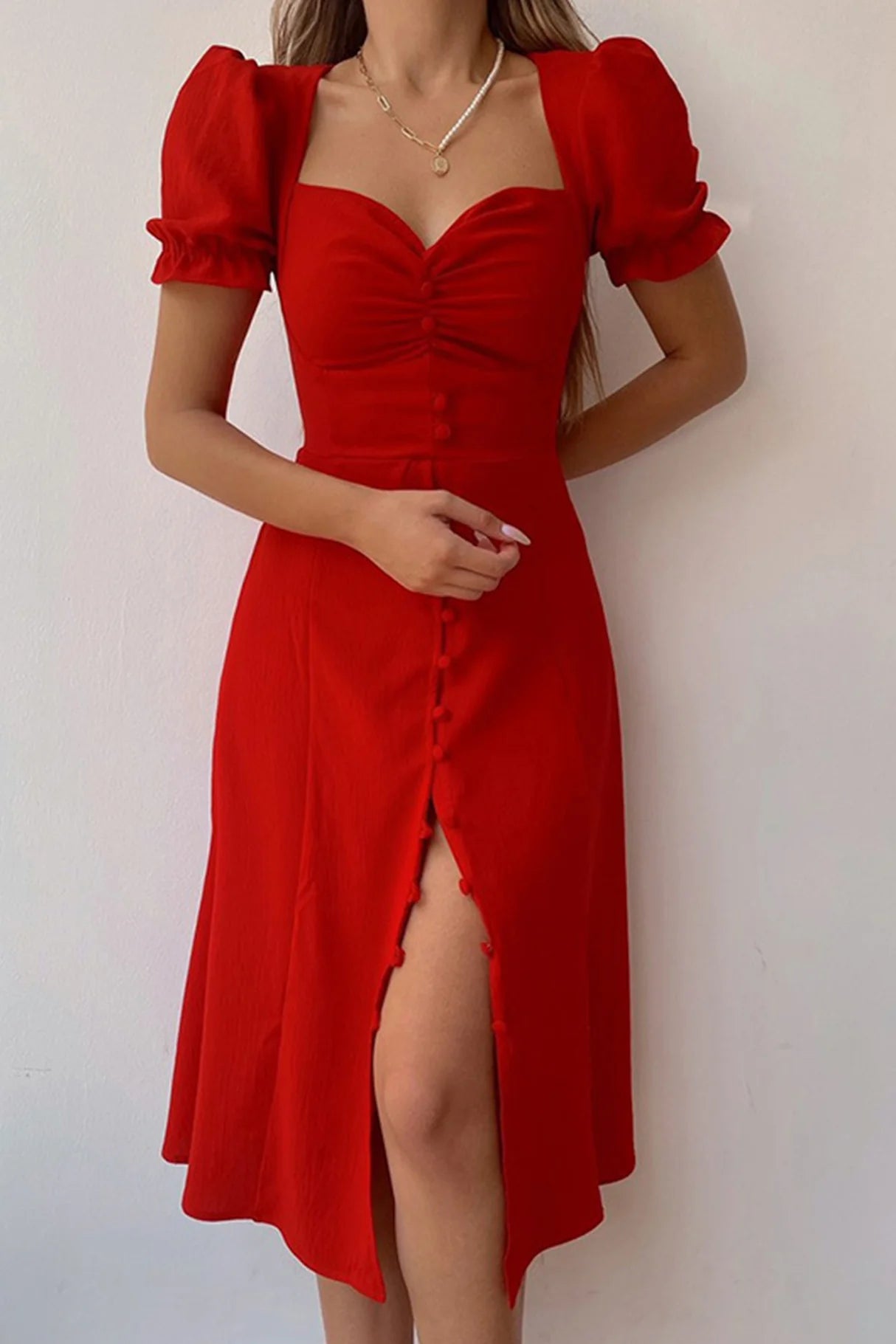 Puff Sleeve Single-breasted Midi Dress