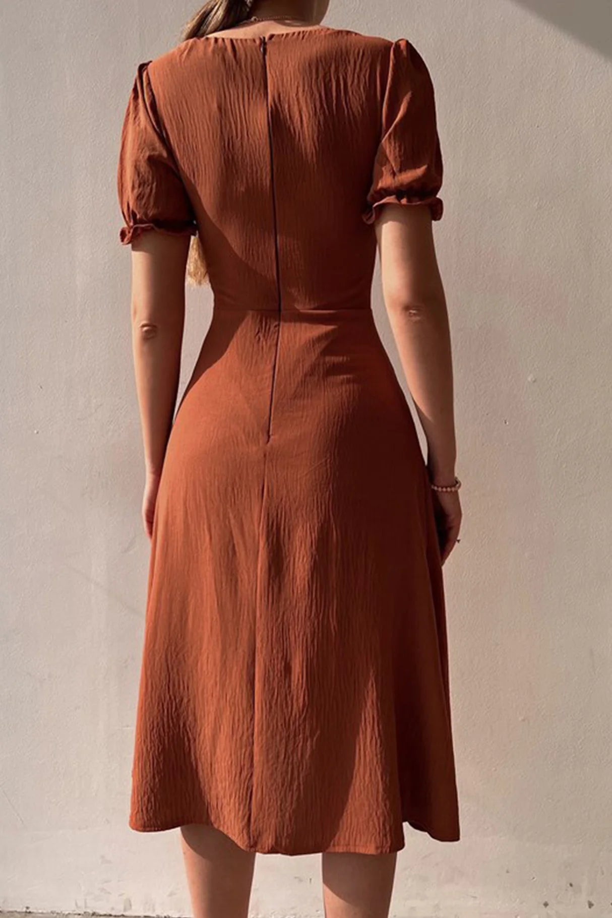Puff Sleeve Single-breasted Midi Dress