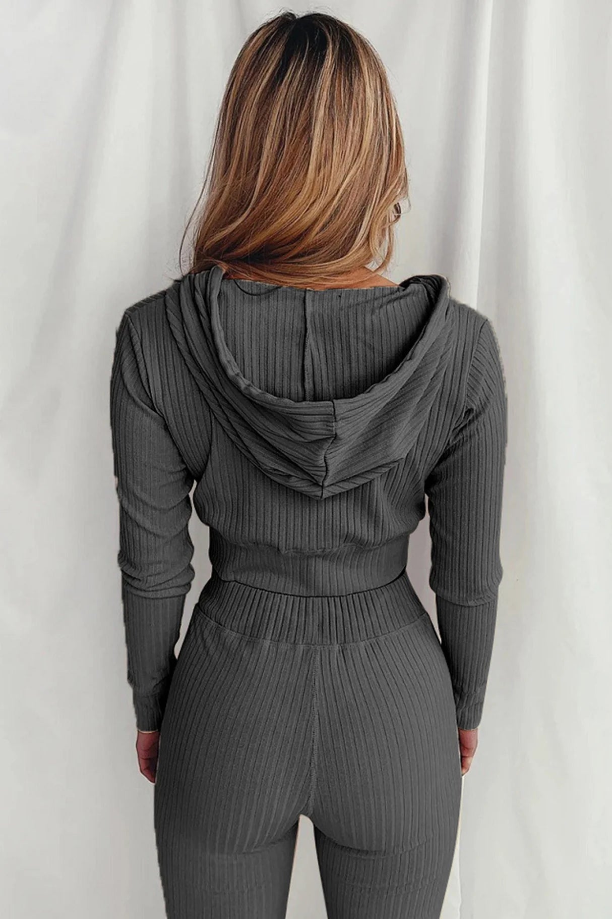 Ribbed Knit Hoodie Long Pants Suits