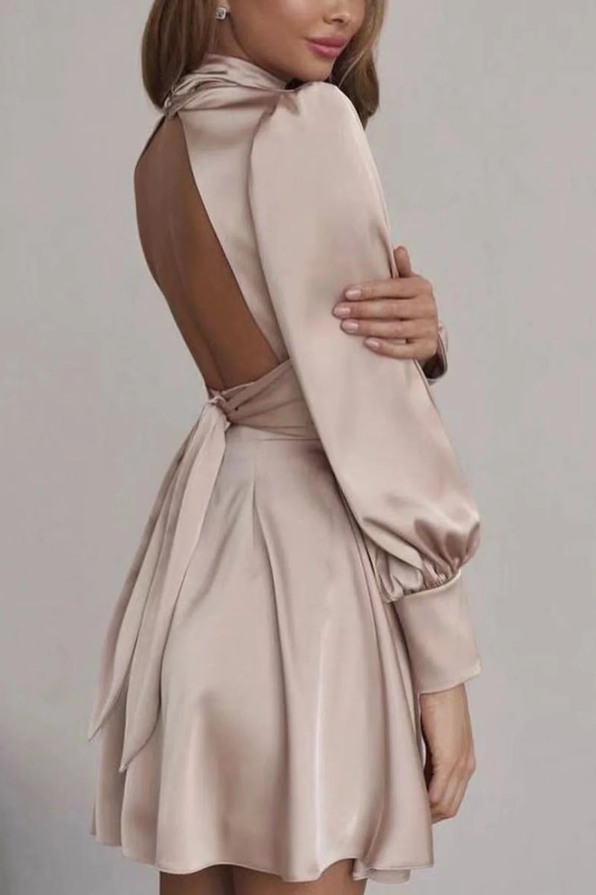 Satin Puff Sleeve Strappy Backless Dresses