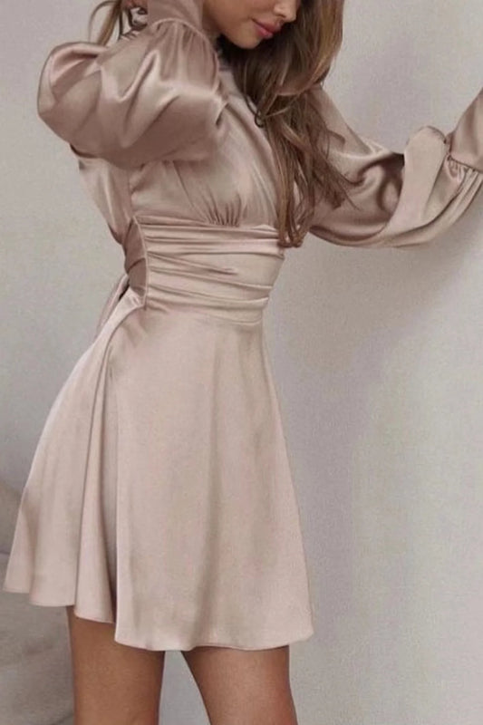 Satin Puff Sleeve Strappy Backless Dresses
