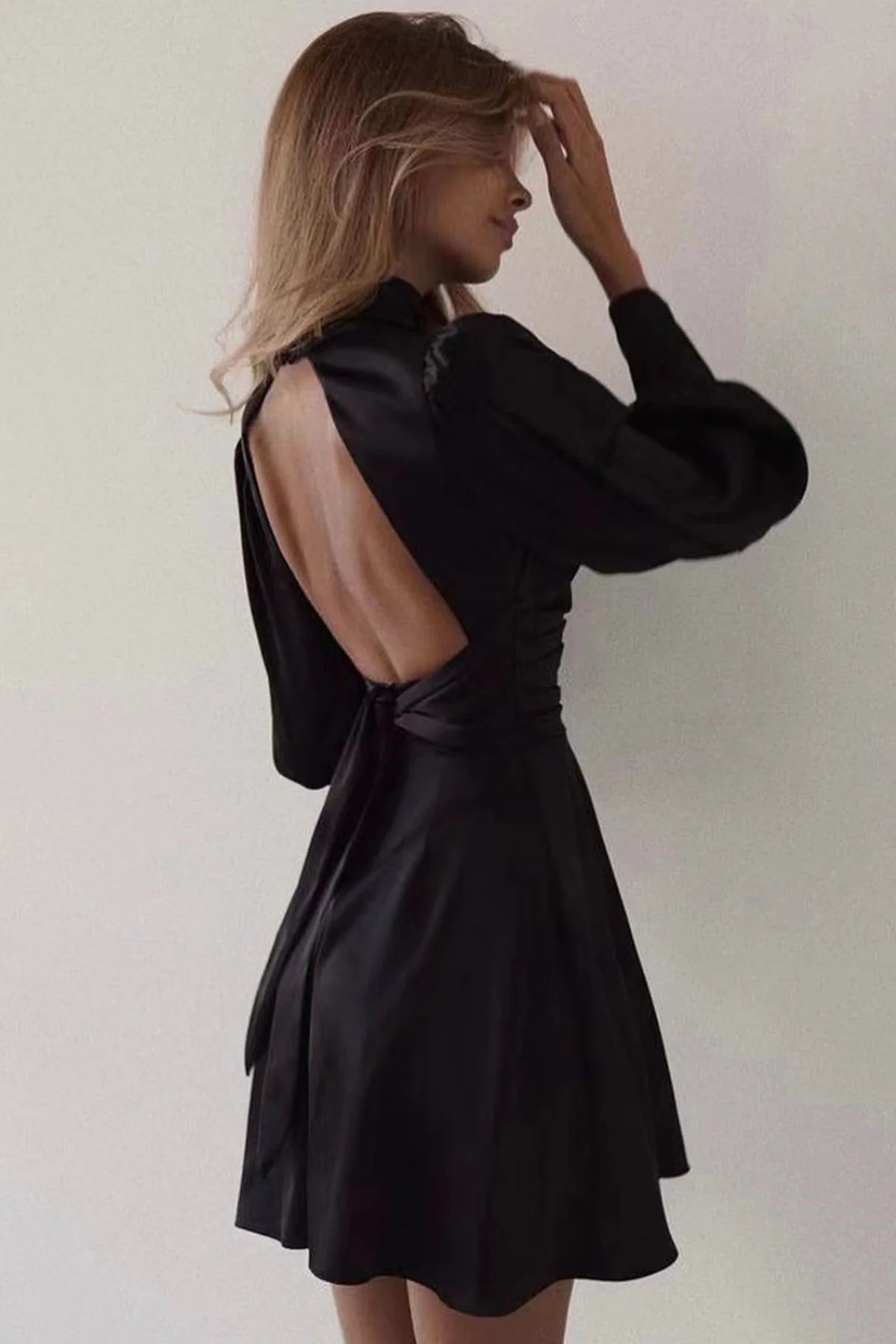 Satin Puff Sleeve Strappy Backless Dresses
