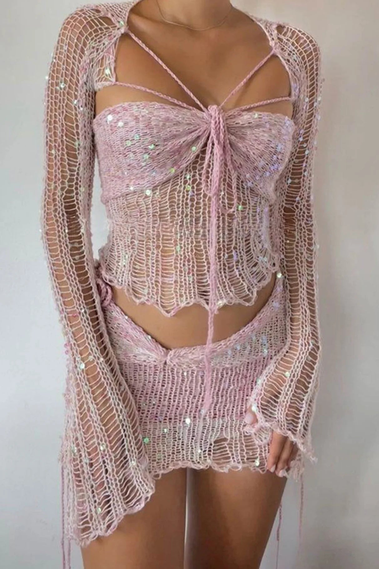 Sequins Knit Hollow Out Three-piece Outfits