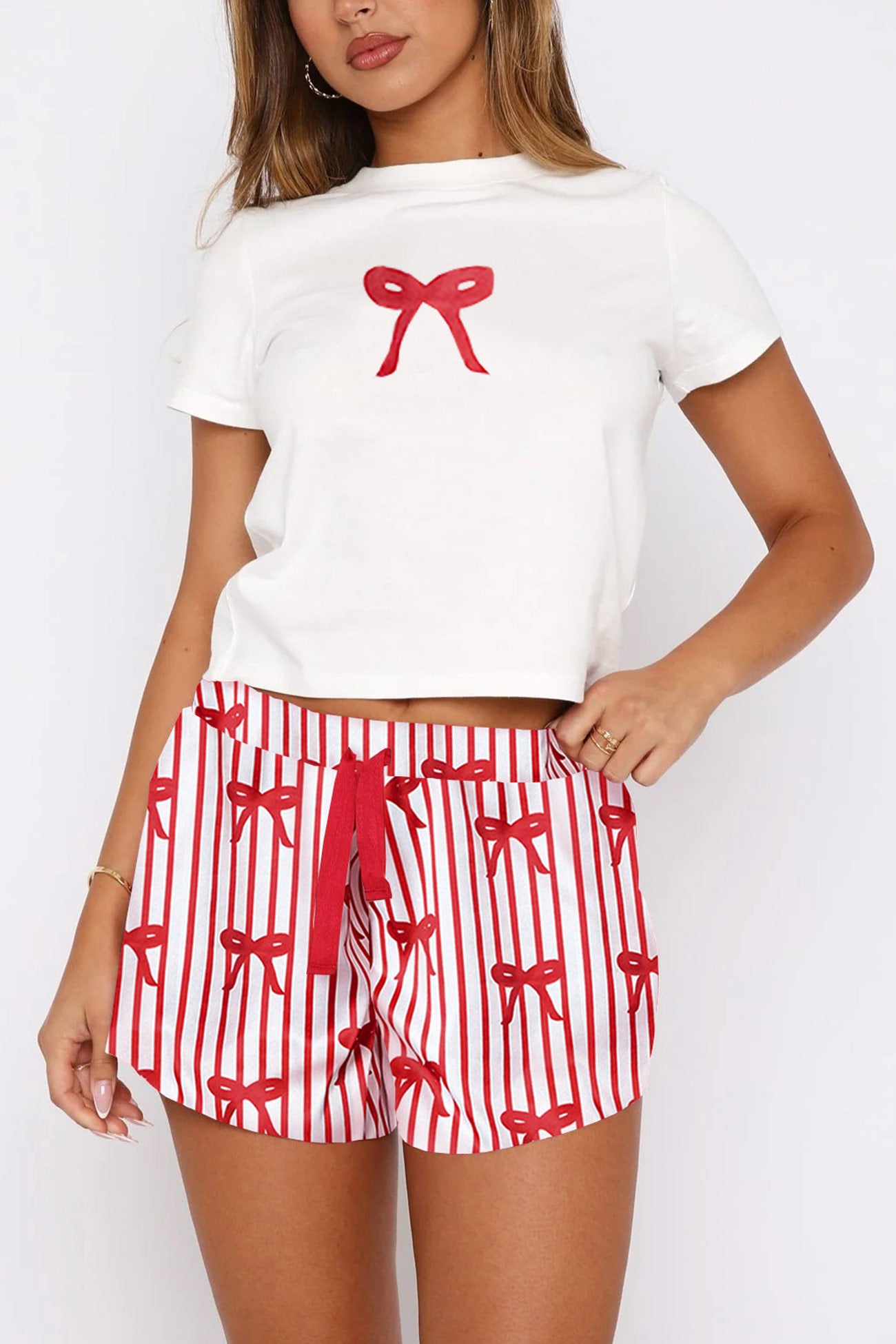 Printed Crew Neck T Shirt Shorts Set