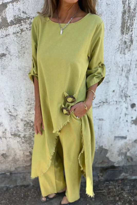 Raw Edge Long Tops Two Piece Pants Set