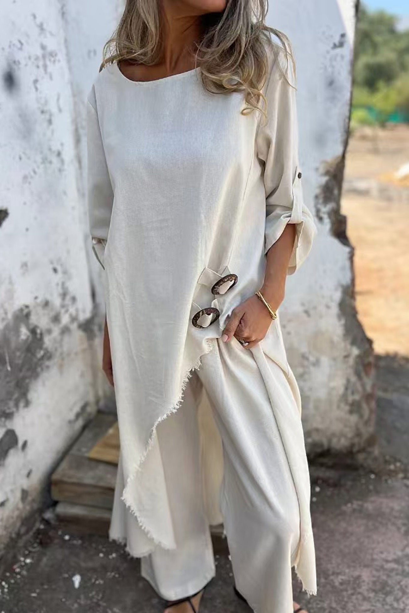 Raw Edge Long Tops Two Piece Pants Set