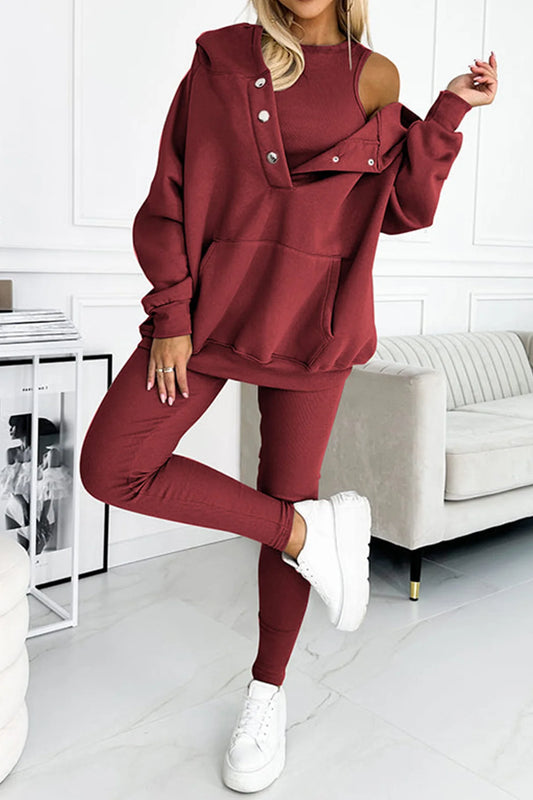 Solid Hoodie Tank Top Three-piece Pants Suits Sets