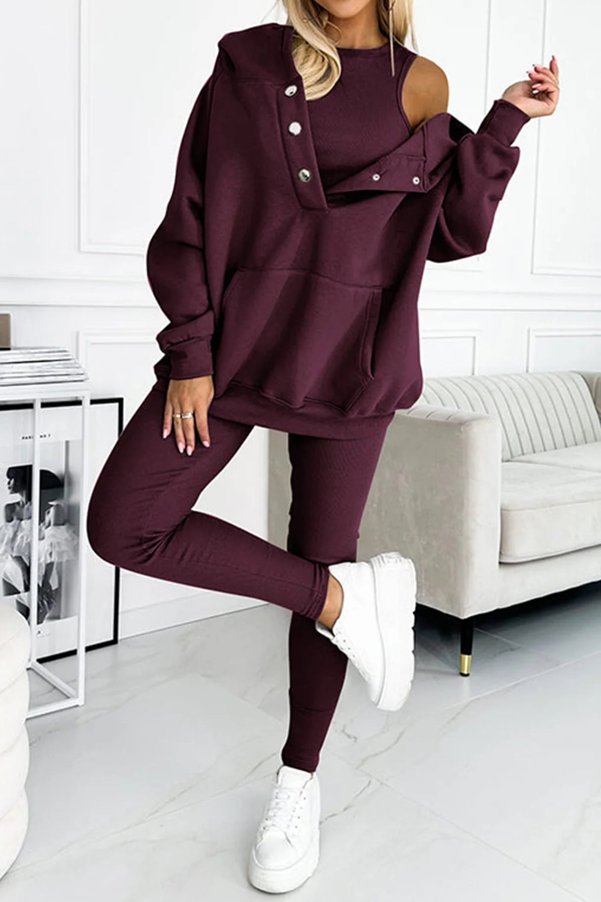 Solid Hoodie Tank Top Three-piece Pants Suits Sets