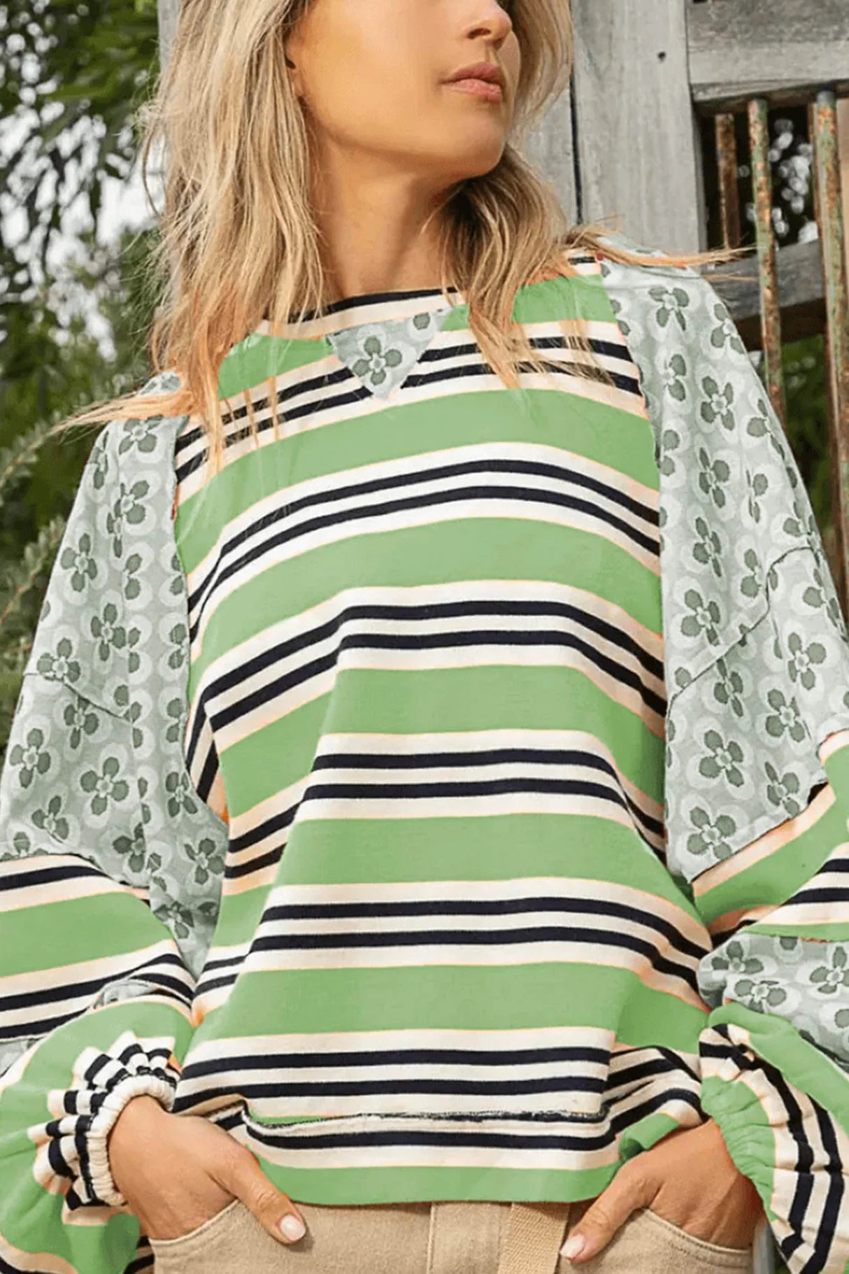 Striped Floral Print Cotton Sweatshirt