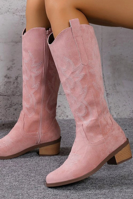 Suede Embroidered Thick Heel Cowgirl Western Boots