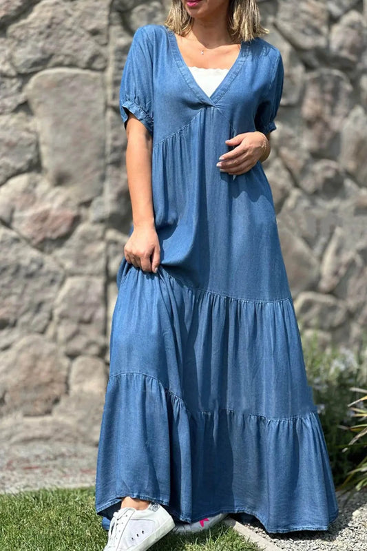 V Neck Short Sleeve Faux Denim Tiered Dress