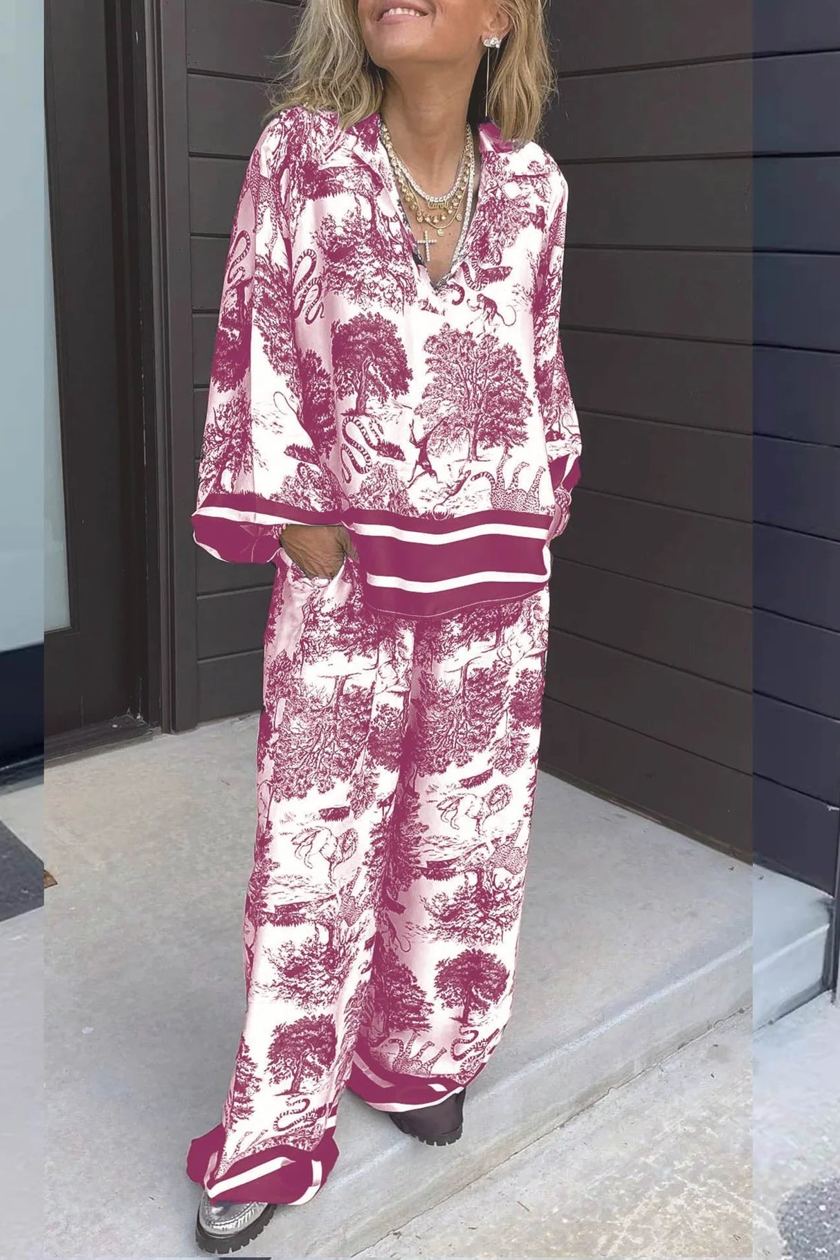 V Neck Vintage Print Two-piece Outfit