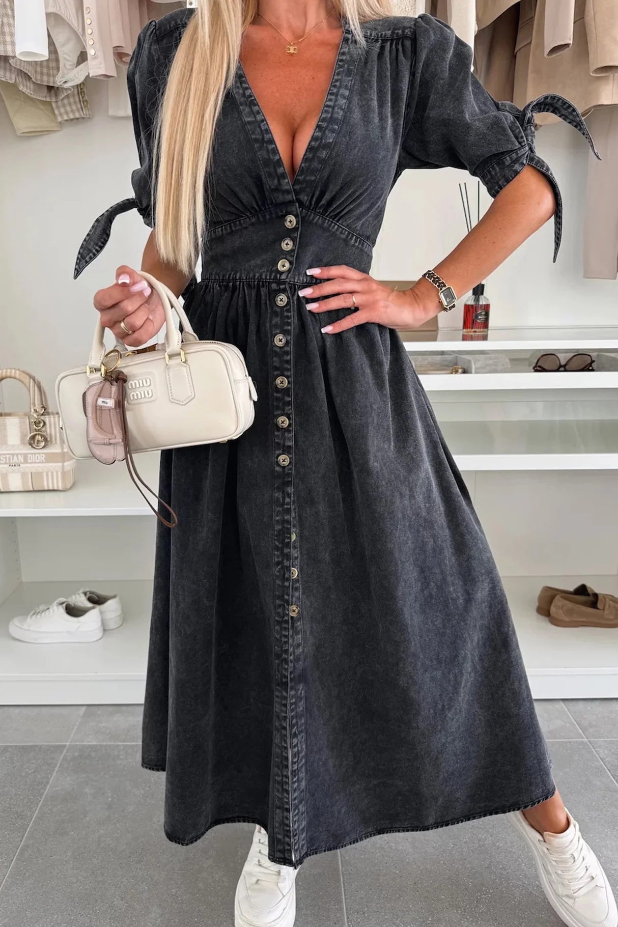 V-neck Single-breasted Denim Dress