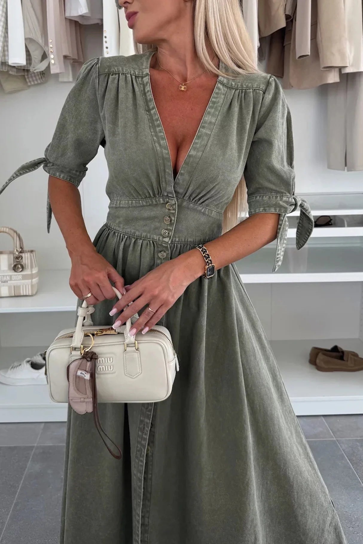 V-neck Single-breasted Denim Dress