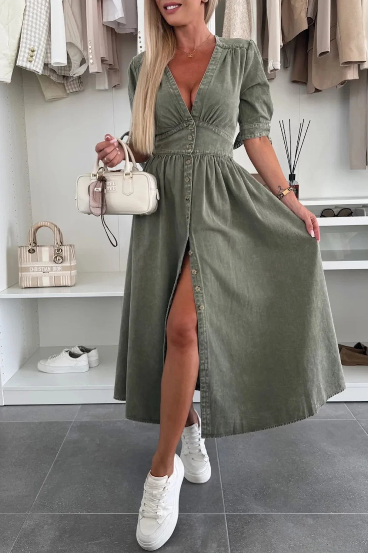 V-neck Single-breasted Denim Dress
