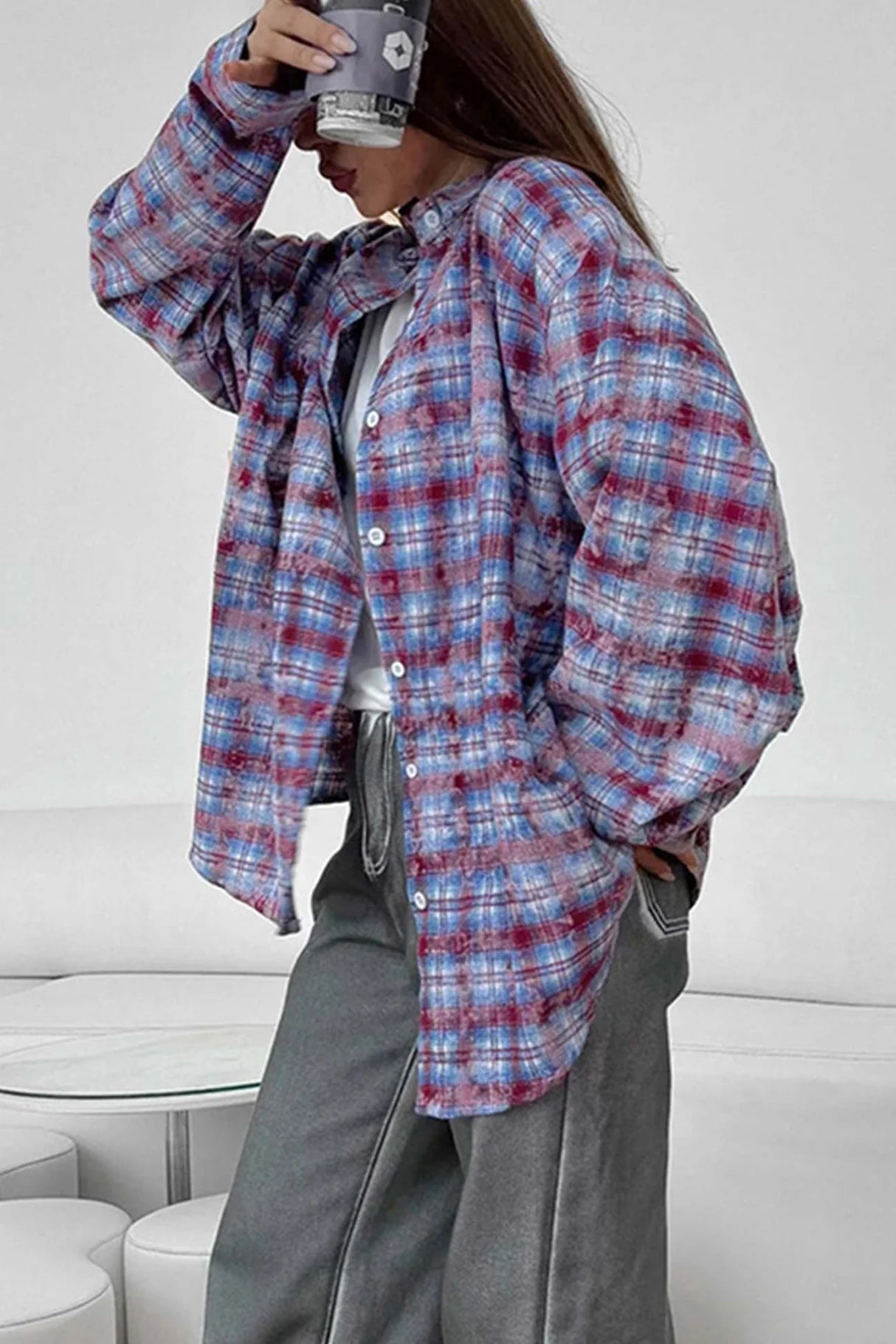 Vintage Plaid Oversized Blouses