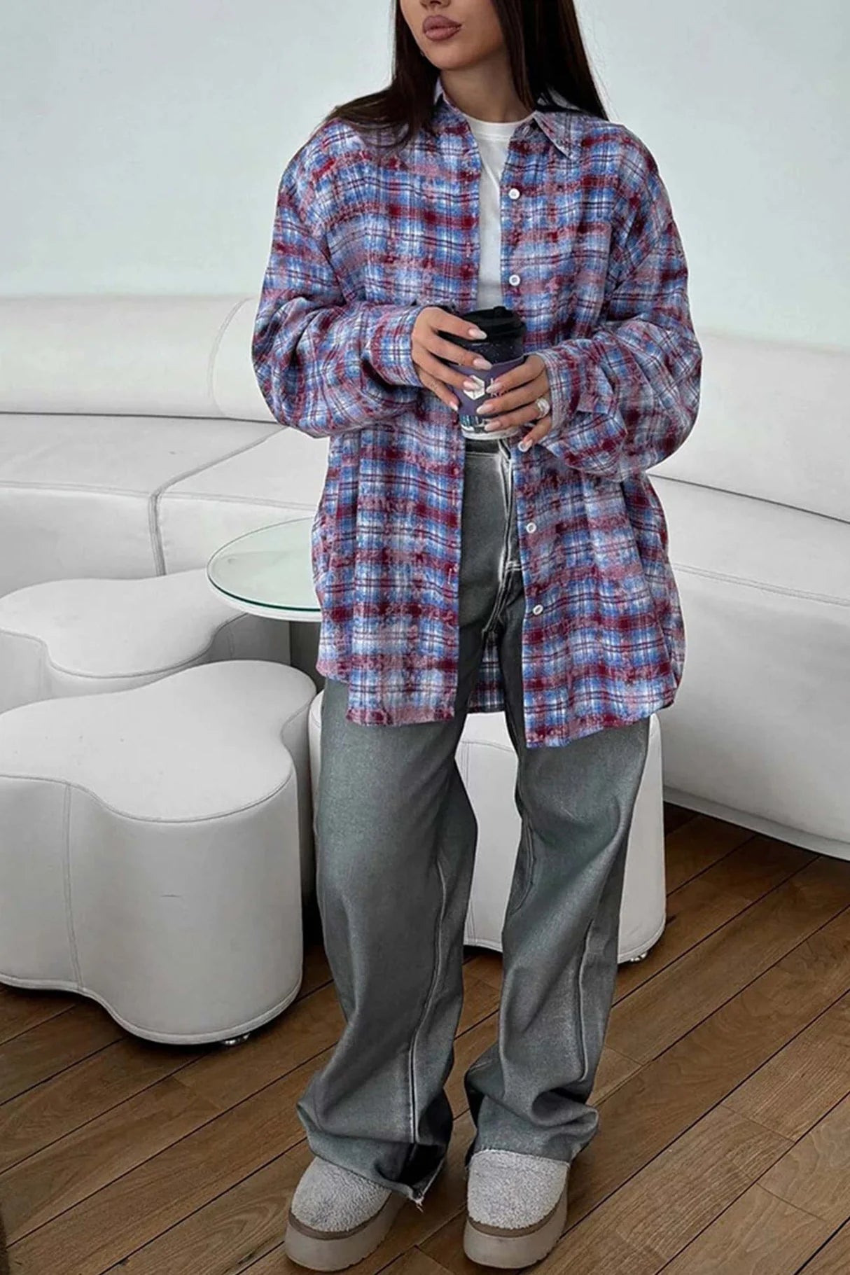 Vintage Plaid Oversized Blouses