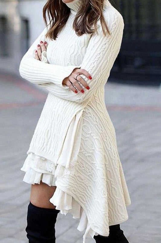 White Turtleneck Cable Knit Ruffled Mini Dresses