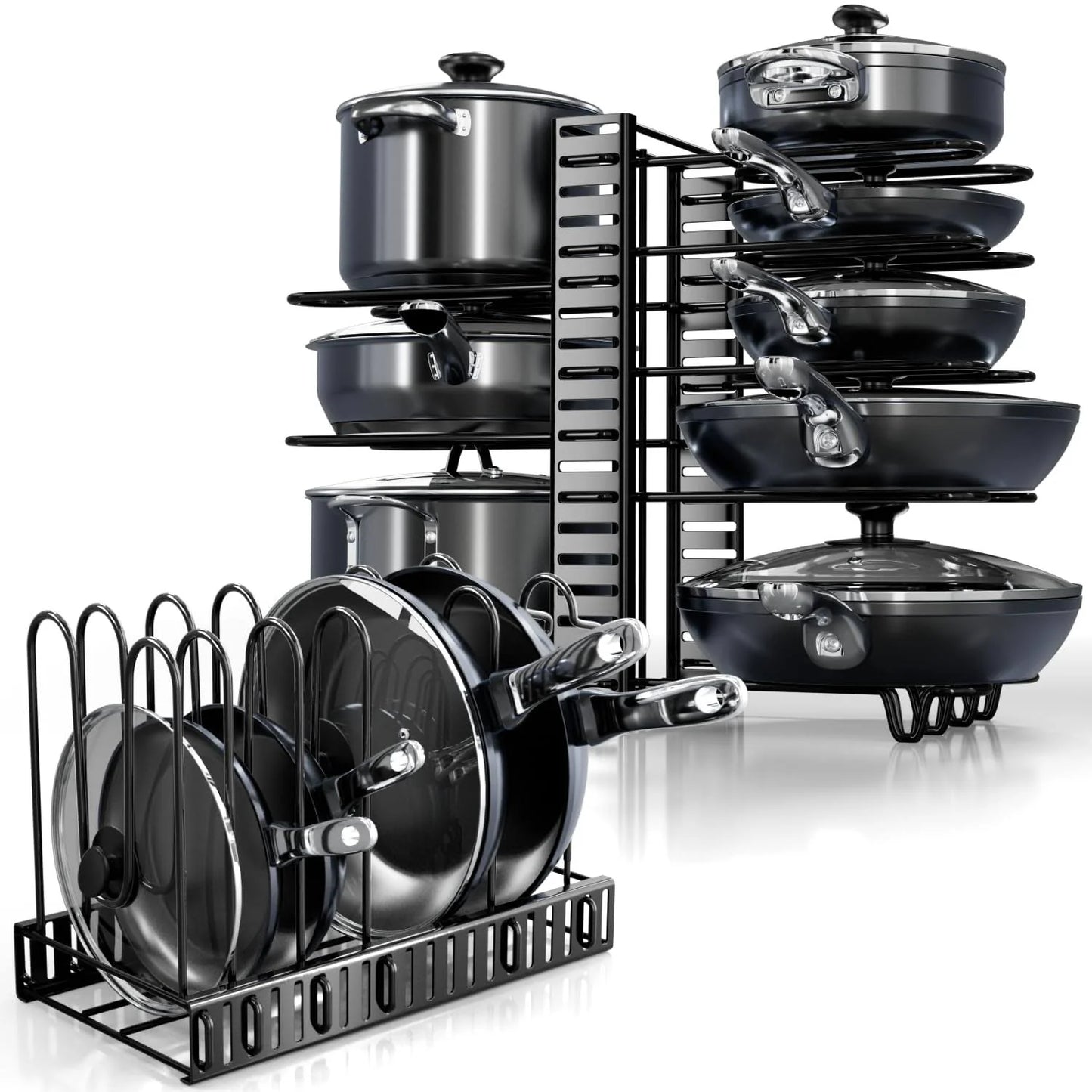 KOMFORA Pots and Pans Organizer Under Cabinet - 8-Tier Adjustable Pan Organizer Rack for Cabinet - Heavy-Duty Pot & Pan Organizer - Perfect to Store