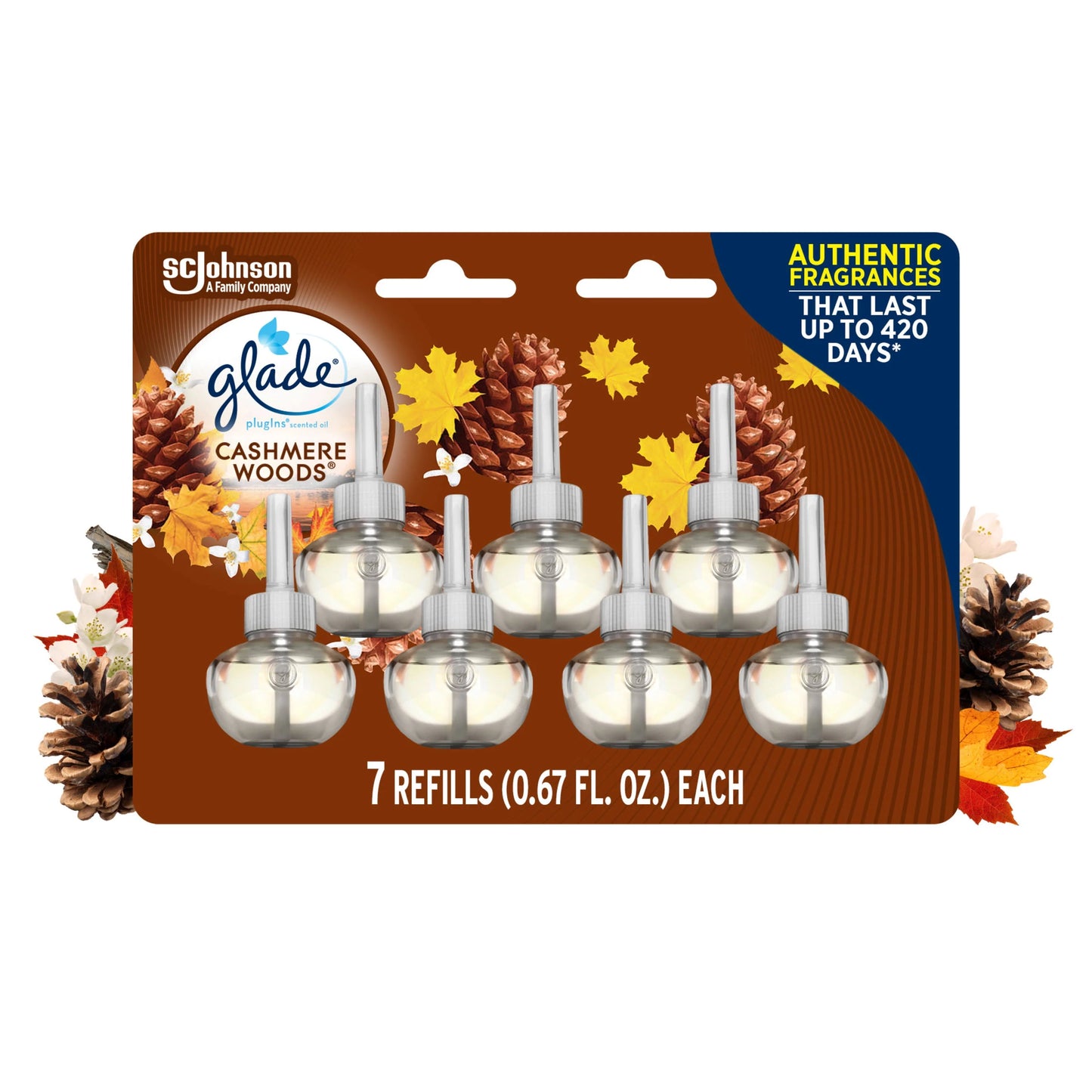 Glade PlugIns Scented Oil Refill, Cashmere Woods, 0.67 fl. oz., 7/Pack (350769)