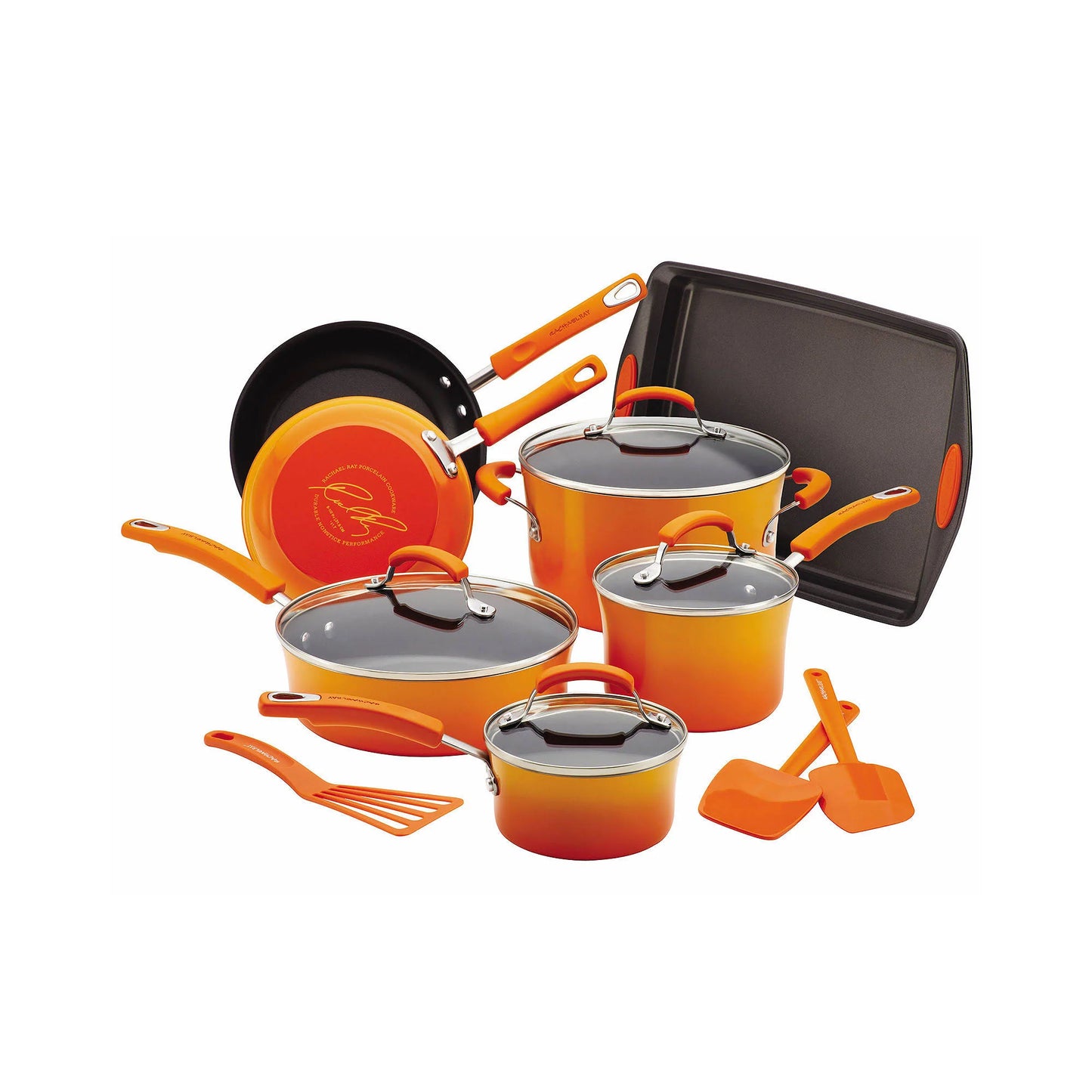Rachael Ray Porcelain 14 Piece Cookware Set, Gradient Orange