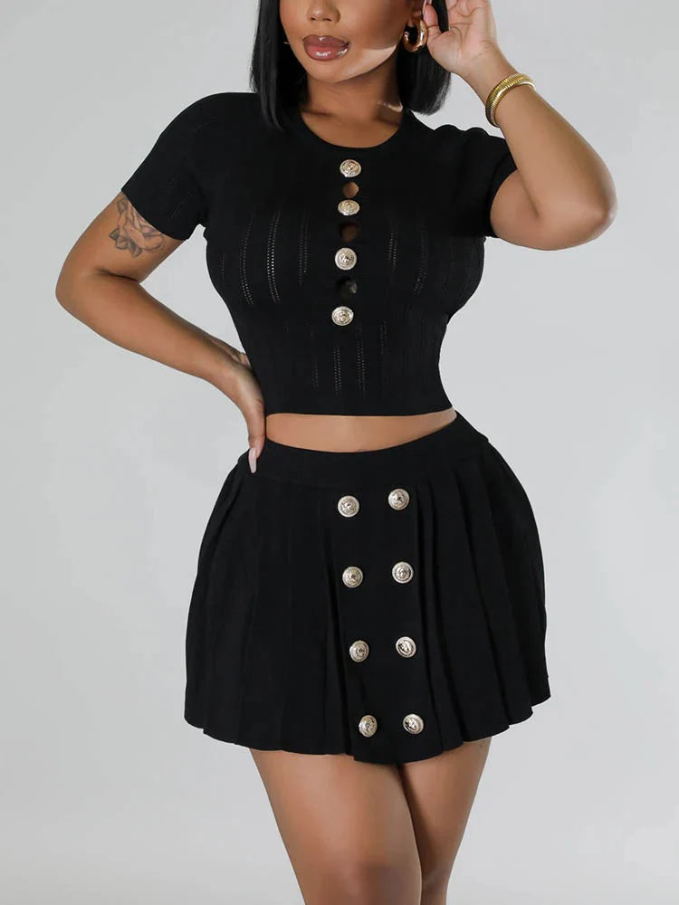 Knit Top Mini Pleated Skirt Set