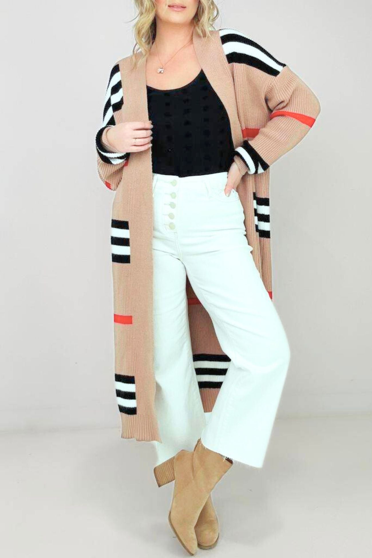 Contrast Striped Open Front Cardigan